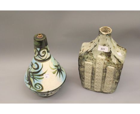Celtic pottery lamp base decorated with stylised birds, 11.5ins high together with a Studio pottery stoneware vase, 12ins hig