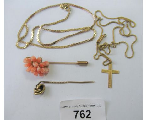 9ct Gold chain with 'S' shaped links, 17.5ins together with a 9ct gold cross on chain (at fault), 10g and two unmarked yellow