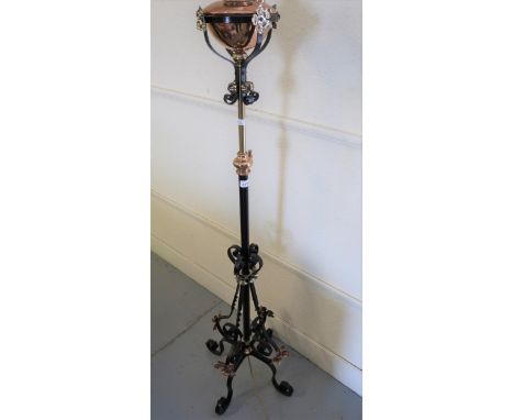 Arts and Crafts wrought iron, brass and copper mounted oil lamp standard adapted for use with electricity 