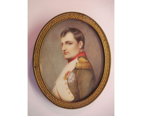 19th Century watercolour portrait miniature on ivory of Napoleon, in oval gilt metal frame, 3ins x 2.5ins approximately 