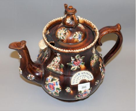 Large 18th / 19th Century Barge ware teapot, stamped to a central applied plaque ' William Quiller, Lostwithiel, 1797 ' (dama