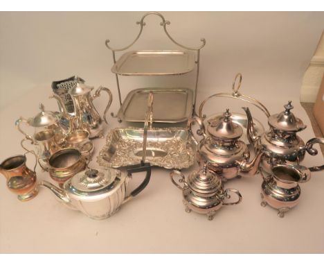 Wicker hamper containing a quantity of various silver plated teaware, swing handled basket and other plated items 
