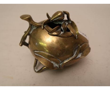 Chinese bronze incense burner in the form of a seed pod, the cover mounted with a flower, 5ins wide x 4ins deep x 4ins highSo