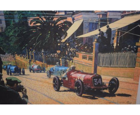 Barry Rowe, artist signed Limited Edition coloured print, ' First Lap at 1930 Monaco Grand Prix ', 17.5ins x 23.5ins, gilt fr