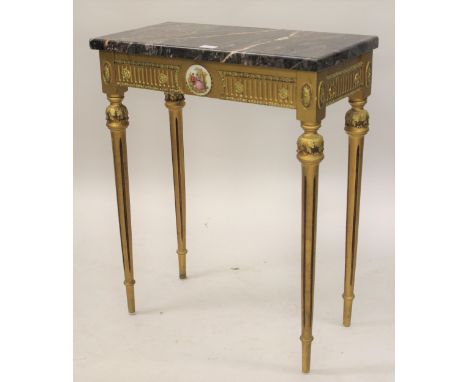 Small gilt wood marble top console table inset with a porcelain plaque 24ins wide 