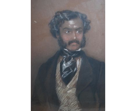 19th Century charcoal heightened in white, half length portrait of a gentleman, 15ins x 12ins, framed 