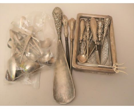 Late Georgian silver Fiddle pattern shovel form caddy spoon, miscellaneous silver coffee and condiment spoons together with a