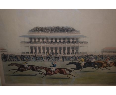 Coloured print ' Race for the Derby Stakes ' after Pollard, signed engraving, view of Florence and a coloured lithograph ' So