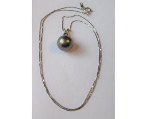 9ct White gold mounted Tahitian black pearl pendant with a diamond bale, on a 10ct white gold chainApproximately 10mm in diam