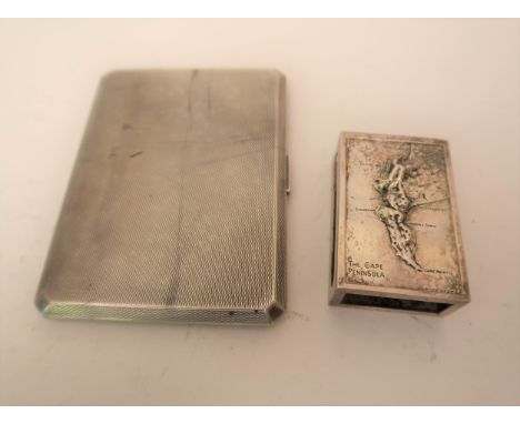 Silver engine turned cigarette case and a silver Matchbox cover, 6 troy ounces 