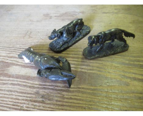 Near pair of miniature dark patinated bronze figures of dogs, signed to the naturalistic bases P.J. Mene, the largest 4ins wi
