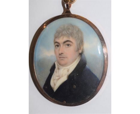 Nathaniel Plimmer, 1757-1822, watercolour portrait miniature of a man wearing a blue jacket and white cravatte, 65mm x 55mm a