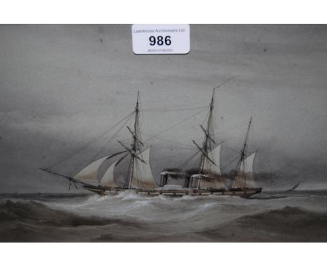 Attributed to Sir Oswald Walter Brierly, monochrome watercolour, portrait of a steam sailing vessel, 7.25ins x 12ins approxim
