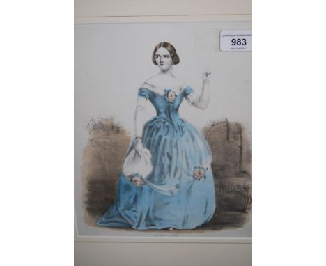 Framed coloured stipple engraving, portrait of Jenny Lind together with three framed fashion engravings, framed reproduction 