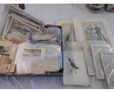 EPHEMERA   a box, incl. 18th.C. newspapers, share certificates, prints, incl. a collection of hand cold. bird prints, etc  