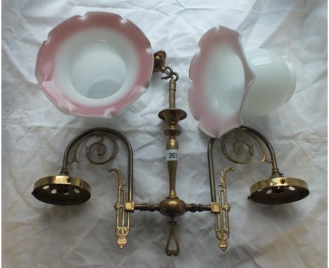 A brass finish two light pendant with shades    