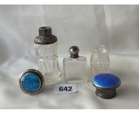 Blue enamel top salts jar, 2” high etc.    
