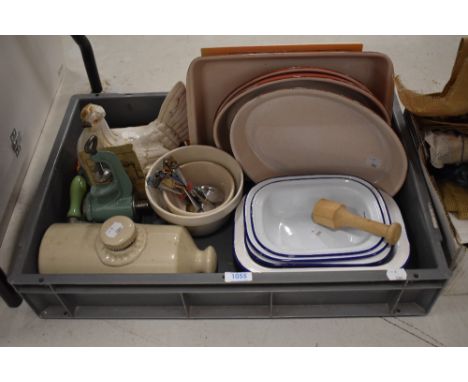 A kitchen themed collection including oven dishes, four enamel pie dishes and three enamel plates, two pudding basins, a vint