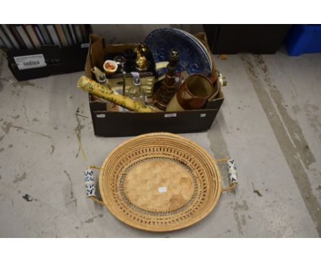 A novelty AGA teapot in cream, a J Kent blue and white bowl, a collection of knitting needles in holder and a grass tray with