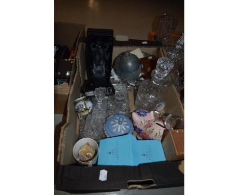 A glass dressing table set including candlestick and dishes, a cut glass footed bowl, decanter, a jasper ware lidded bowl and