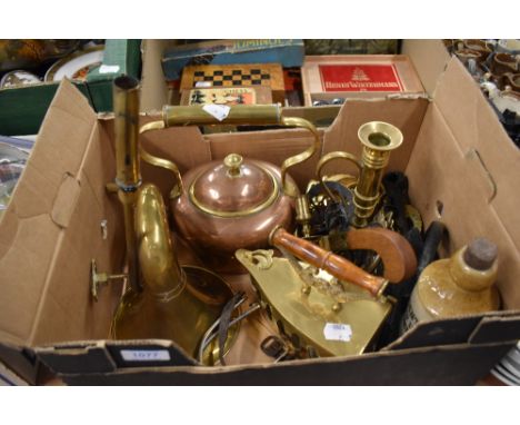 A reproduction English flintlock tinder lighter pistol, a collection of copper and brass items including a kettle, iron, horn