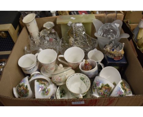 Four Royal Albert drinking glasses, a cut glass flower basket, a Royal Vale country garden part tea service (17 pieces approx