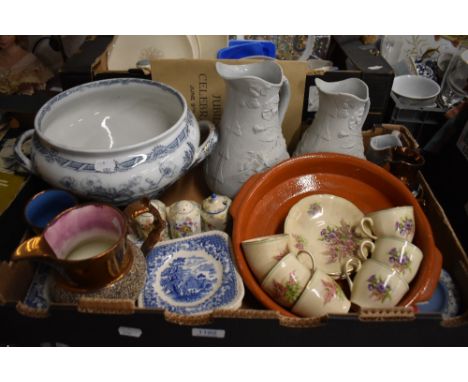 Six vintage hand painted Alfred Meakin coffee cups and saucers (one saucer AF), a large footed blue and white print bowl with