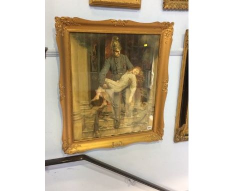 Print 'Fireman rescuing a girl from a burning building'