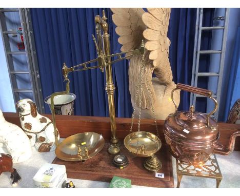Set of Scales, trivet, copper kettle and weights