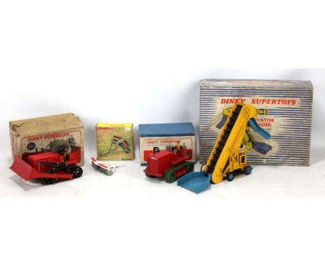 DINKY SUPERTOYS; a boxed 561 Blaw Knox bulldozer, a 563 Heavy Tractor and 964 Elevator Loader, also a 322 Disc Harrow (4).  C