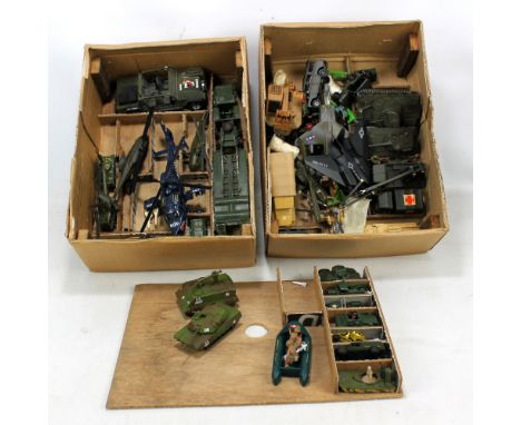 A group of loose military vehicles and figures with planes, helicopters and tanks including Dinky, Ertl, Burago, Solido, Brit