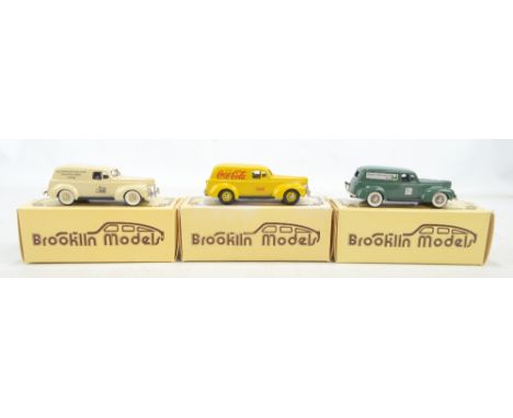 BROOKLIN MODELS; three BRK 9 and 9X 1940 Ford Sedan delivery vans in cream, yellow and green liveries with '400th Anniversary