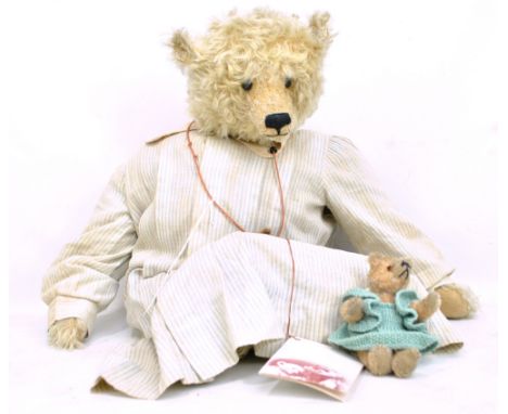 A Murphy Bear teddy bear in golden mohair with stitched nose and mouth, jointed limbs and cloth pads in blue and white night 