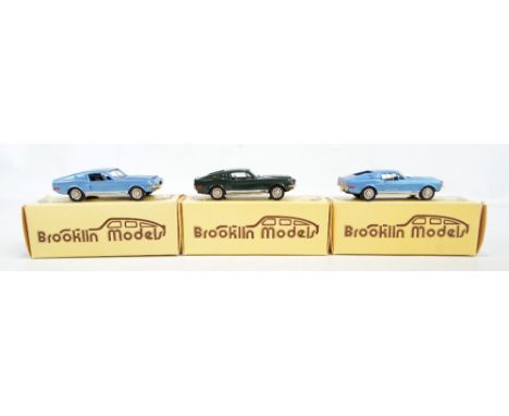 BROOKLIN MODELS; three BRK 24 1968 Shelby Mustangs in light blue (x2) and green liveries, 1/43 scale, all boxed (3). CONDITIO