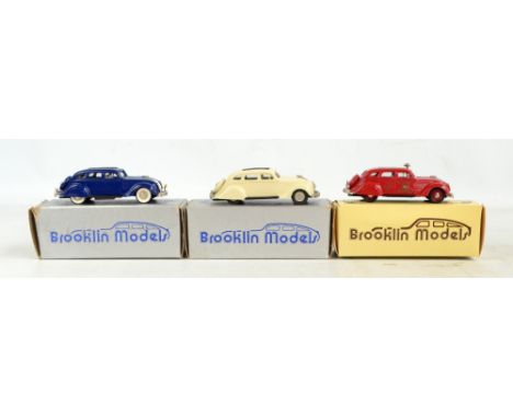 BROOKLIN MODELS; three BRK 7 1934 Chrysler Air Flow four door sedans in blue, cream and red liveries, the latter an SFBBC edi