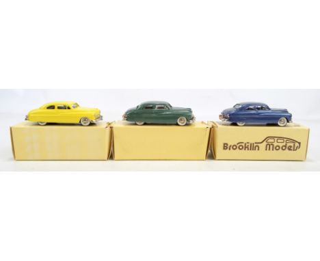 BROOKLIN MODELS; three BRK 15 1949 Mercury two door Coupés in yellow (colour trial), green and blue liveries, 1/43 scale, all