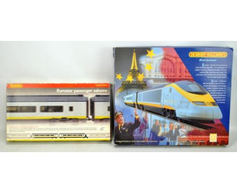 HORNBY; 00 gauge R665 Eurostar train pack containing Class 373 powered and unpowered locomotives and two passenger saloons, a