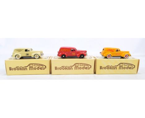 BROOKLIN MODELS; three BRK 9 and 9X 1940 Ford Sedan delivery vans in cream, red and orange liveries with '400th Anniversary o