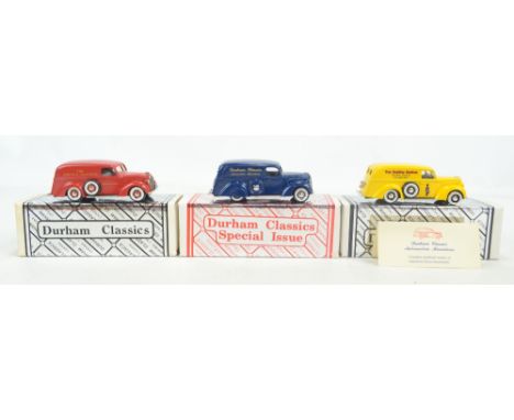 DURHAM CLASSICS; three 1939 Ford Panel Delivery Vans in yellow, blue and red liveries with 'Toy Soldier Station', 'Durham Cla