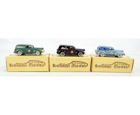 BROOKLIN MODELS; three BRK 9 and 9X 1940 Ford Sedan delivery vans in green, black and blue liveries with 'Huggett Electrical 