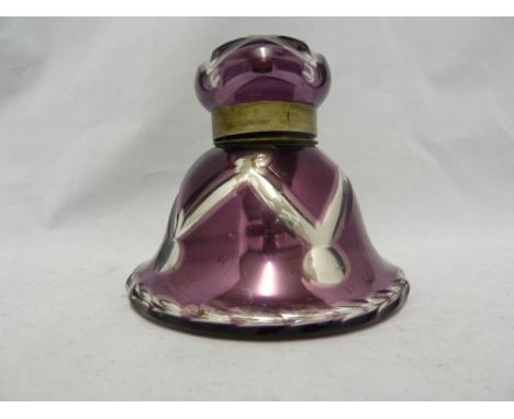 A Hale Thomson's Patent Varnish Glass inkwell, amethyst colour, of bell form body and with flattened hinged globular cap, 10 