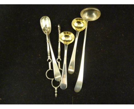 Various items of table silver, comprising, a long handled sauce ladle; mustard spoons x 3; and a pair of sugar tongs, 77grms 