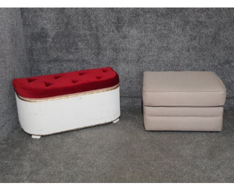 A white painted lloyd loom blanket box with cushioned cover, and a pouffe.