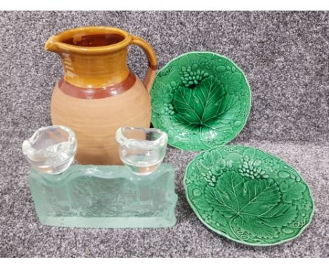 Heavy glass 2 way tea light holder together with 2x green leaf plates &amp; large stoneware style jug