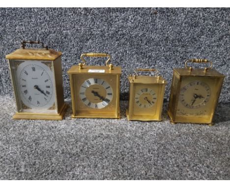 Four brass carriage style mantle clocks by Metamec, Estyma, London Clock Company and Paico.