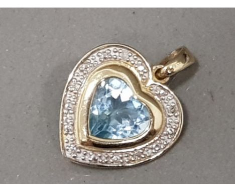 Ladies 9ct yellow gold stone set heart pendant comprising of a light blue heart in the centre surrounded by diamonds, 1.9g