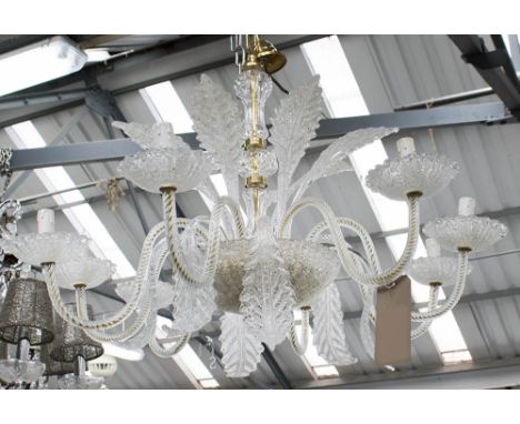CHANDELIER, Murano Rugiadoso white glass, eight branch light with leaves, 85cm W.