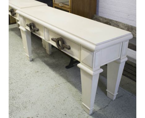 CONSOLE TABLE, of substantial proportions, cream with two drawers and feature handles, 176cm W x 51cm D x 87cm H.