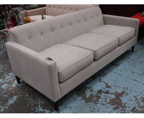 SOFA, three seater, in neutral button back fabric on square supports, 195cm L.