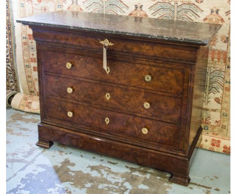 COMMODE, 19th century French Louis Philippe burr walnut with five long drawers including a plinth drawer and St Annes variega